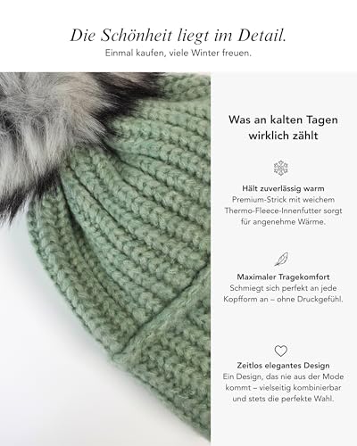Baesics Strickmütze Mint mit Bommel Classic für Damen & Herren – warme Unisex Wintermütze mit Fleecefutter & Kunstfell Pompon One Size – Beanie Stil