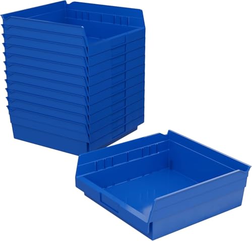 Akro-Mils 30170 Plastic Shelf Bins, Heavy Duty Storage Bins for Garage, Closet, and Drawer Organization, 12-Inch x 11-Inch x 4-Inch, Blue, 12-Pack