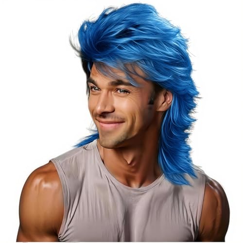 Sabosi Mullet Wig Blue 80s Men Wig,Punk Rocker Hair Party Daily Halloween Costumes Long Wigs