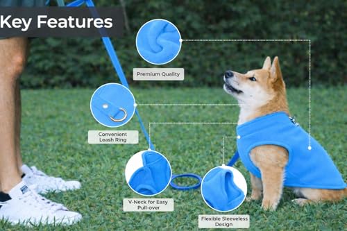 Image of JACKO & CO - Fleece Vest Dog Sweater with Leash Ring - Soft, Warm & Lightweight Pullover Coat for Small & Medium Dogs, Puppies & Cats - Cozy Fall /Winter /Spring Pet Jacket (Blue, X-Large 17-25lbs)