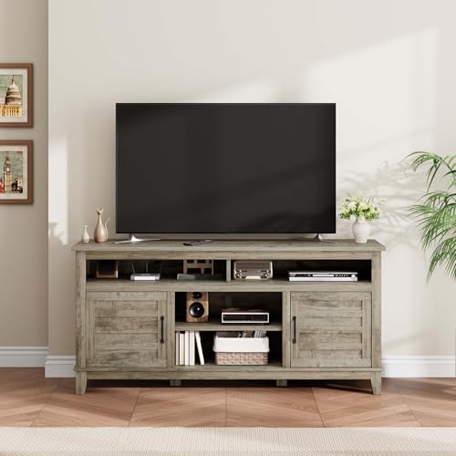 Image of 63 Inch TV Stand for Televisions Up to 70 Inches, Rustic Farmhouse Media Console with Height-Height-Customizable Shelves & Cabinet Doors, Entertainment Center for Living Room or Bedroom,Gray