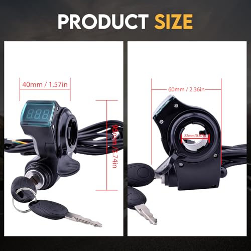 Image of Universal 12V-96V Anti-Theft Ebike Key Ignition LED Display Thumb Throttle | Fits 7 /8 inch (22mm) Handlebar, Digital Battery Voltage Display, Simple 5-Pin Wiring, Speed Accelerator for E-Scooter Replacement