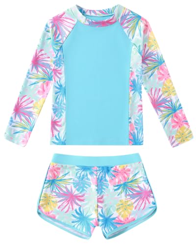 Image of Girls Rash Guard Long Sleeve Swimsuit 2 Piece Bathing Suit UPF 50+ Summer Beach Swimwear for Girl 5-14 Years