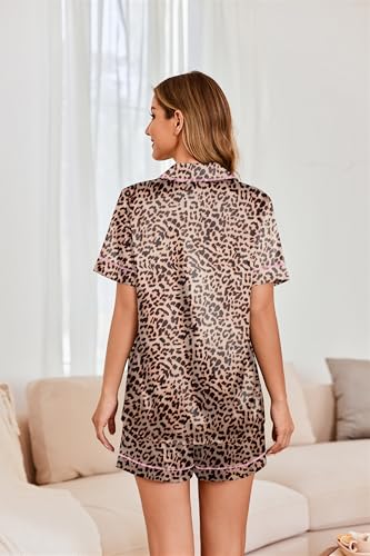Image of Ekouaer Womens Satin Silk 2 Piece Pajamas Set Short Sleeve Sleepwear | Button Down Top and Shorts Loungewear Set for Sleep, Home, Wedding, Travel, Party, Daily Wear & Great for Sharing