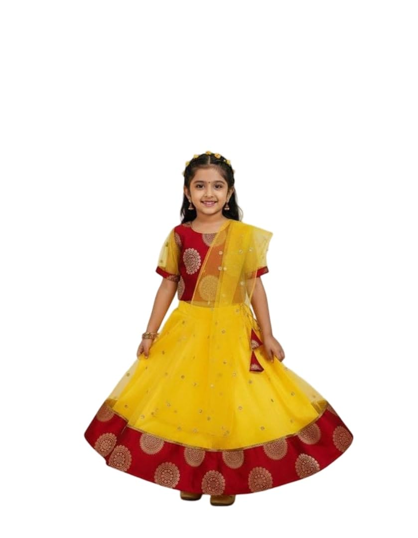 Maroon and Yellow Banarasi Silk and Yellow Sequins Net Kids Lehenga Choli, Girls Wear for Puja, Ethic dress