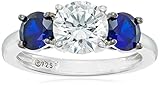 Platinum-Plated Sterling Silver, Swarovski Zirconia Round Center Stone, and Created Sapphire 3-Stone Ring