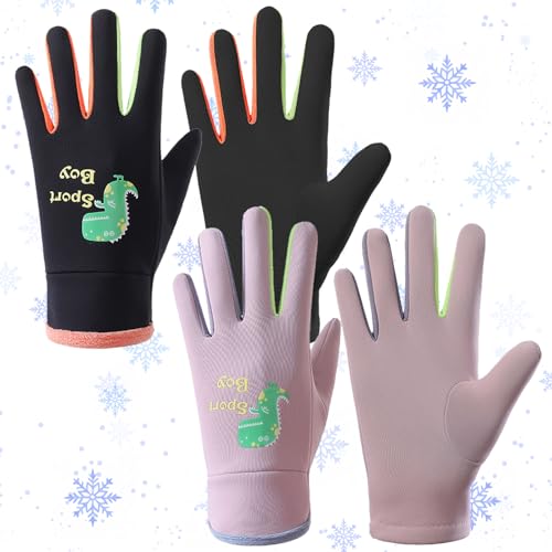 MLPKOI 2 Pares Guantes Niños, Guantes de Esquí para Niños, Gguantes de Nieve Impermeable, Guante de Invierno Cálido, para Esquí al Aire Libre Ciclismo Patinaje Niño Niña de 3 a 7 Año (Negro y Rosa)