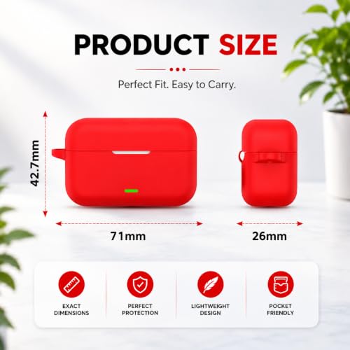 Image of Silicone Case for Realme Buds T500 Pro TWS Earbuds | Shockproof 360 Protective Cover | Heavy-Duty Carabiner Clip | LED Visible | Soft Anti-Slip & Lightweight Case (Red)