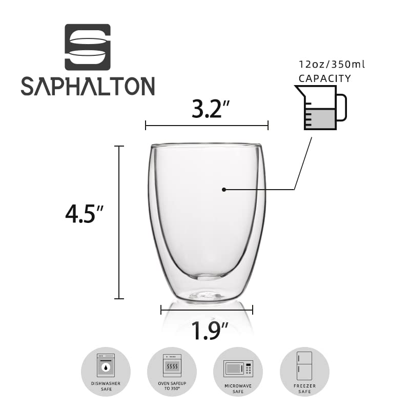 SAPHALTON Double Wall Glass Coffee Mugs without Handle, 2.5 oz /8.5 oz /11.8oz Tea Cups, Clear Glass Drinkware for Espresso,Cappuccino, Latte,Hot Beverages (11.8 OZ) 1