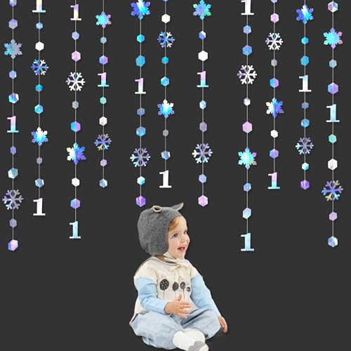 Image of 52Ft Winter Onederland Birthday Decorations Iridescent Snowflakes 1st Holographic Paper Snowflakes Garland Streamer for Winter Wonderland Christmas Frozen Snowflake First Birthday Party Supplies