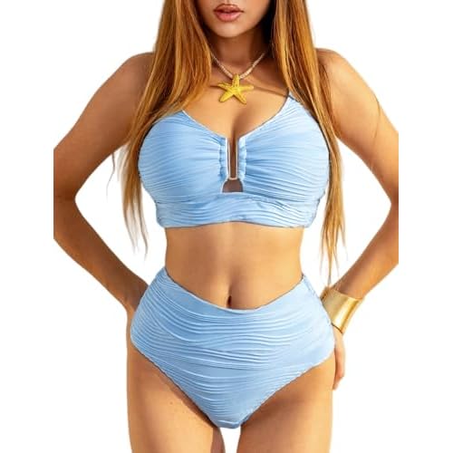 Arolina 2 Piece Bikini Set High Waisted Textured Swimsuit U-Wire Cutout 2026 Summer Beach Swim Bathing Suit Baby Blue Large