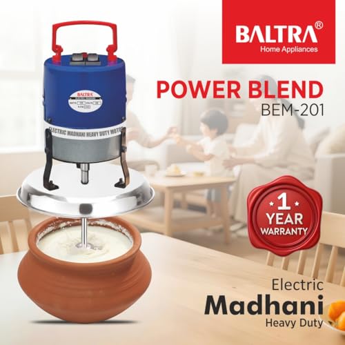 Image of BALTRA Electric Madhani Machine, Blue, Madhani (SS Plate) | Two Way Rotating Curd Percolator, 125 W Hand Blender, For Churning Lassi, Butter & Buttermilk, Durable & Easy to Clean