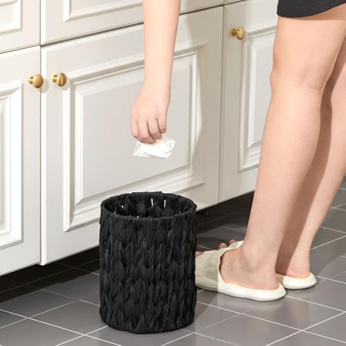 Image of Ctosree 1.3 Gallons Small Trash Can with Lid Handle Boho Woven Braided Bathroom Waste Basket Trash Can with 100 Garbage Bags for Bedroom Office Laundry(Braided Polypropylene, Black)