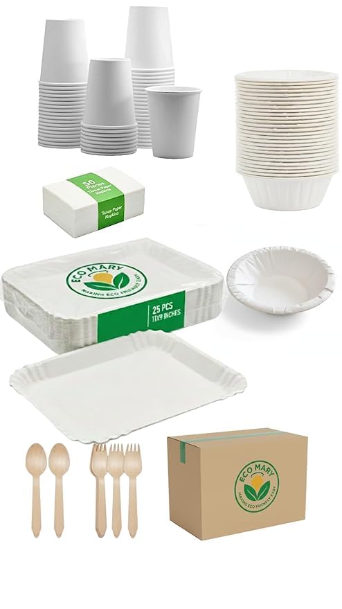 Eco-Friendly Disposable Dinnerware Set 175 Pcs |11 Inch Rectangular Plates,180ml Bowls,210ml Glass, Wooden Spoon&Forks | Each (25 Qty) & 50Tissues | for Parties,Events,&Cafes