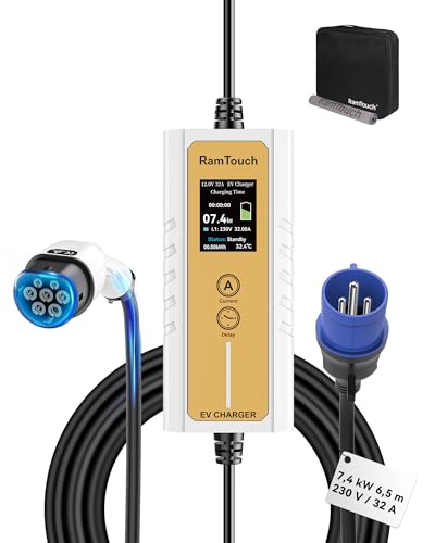 RamTouch Cargador Coche Eléctrico (7,4 kW, 6,5 m, Tipo 2, CEE 32A) - Cargador Vehículo con Corriente Ajustable 6A-32A, Carga Diferida/Programada, Cable de Carga Tipo 2 para Híbridos y Eléctricos