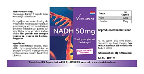 NADH 50mg – 120 cápsulas – Vegano – Dosis alta – Cápsulas de liberación retardada | Vitamintrend®
