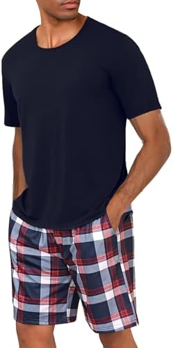 Uniexcosm Schlafanzug Herren Kurz Rundhals Zweiteiliger | Baumwolle Pyjama Set Kurzarm Oberteil und Karohose mit Taschen Kordelzug für Schlafen Zuhause Reise und entspannte Abende
