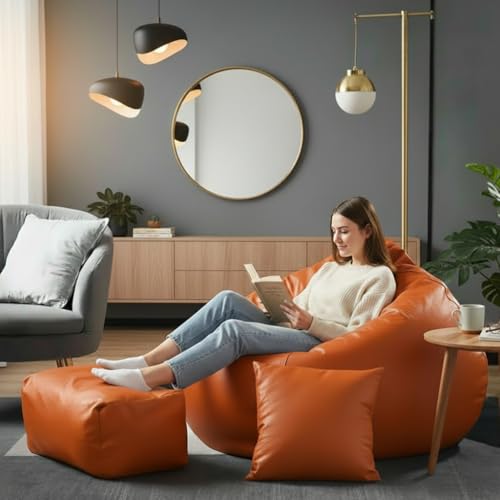 Image of Luxury 5XL Jumbo Bean Bag with Footrest & Cushion | Premium Leatherette | High-Density Beans Filled | Heavy Duty Double Stitch | 6 Months Warranty Color- (Navy Blue) (Orange)