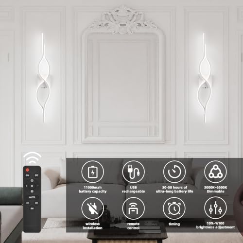 Image of Battery Operated Wall Sconces Set of 2, White 31.4'' LED Dimmable Wall Sconce with Remote Control, Adjustable Color Temperature Brightness for Living Room Bedroom and Hallway Rechargeable Lighting