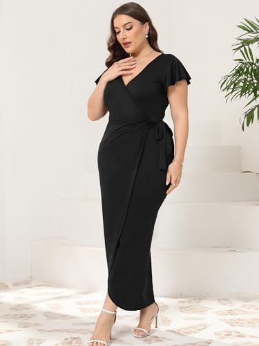 2025 Womens Deep Cross V Neck Ruffle Sleeve Tulip Hem Plus Size Work Cocktail Party Elegant Ruched Long Wrap Dress3