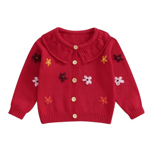 Bufarromio Little Kid Baby Girls Dolce Cardigan Maglione Fiore Decorato Camicia Manica Lunga Dollar Maglieria Bottone Top lavorato a maglia 3M-4T, Rosso, 2-3 Anni