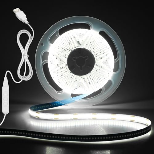 Image of Aclorol 5V LED Strip Cold White 6000K 13.12FT COB LED Strip Light Dimmable | with 4.9FT USB Long Cable, Cuttable Light Strip for Brdroom Kitchen Lighting Projects 3D Printer, High Density, CRI85+