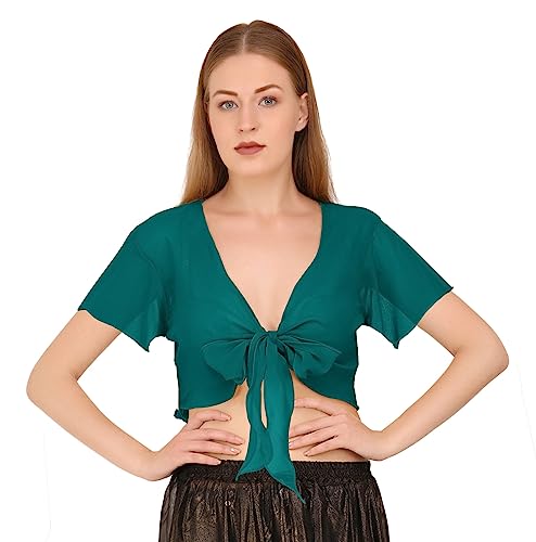 Image of Indian Trendy Women's Chiffon Short Sleeve Tie Top Choli Blouse Belly Dance Gypsy Tie Front Cardigan Tops