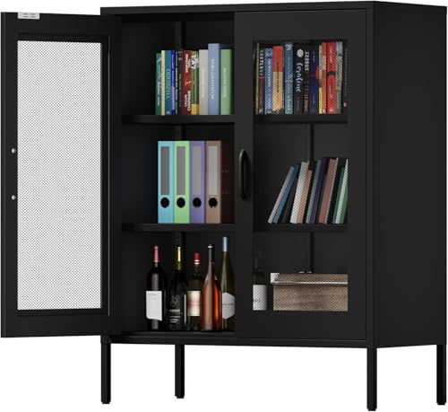 Armario Metalico de Puertas de Malla,Aparador de Metal,Marco de Acero,Armario para Licores con Estantes Ajustables,para Cocina, Sala de Estar, Oficina en Casa,40 x 80 x 102AL cm, Negro
