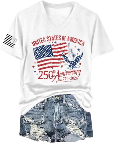 USA 250th Anniversary V-Neck Shirt for Women 4th of July Patriotic T-Shirt 1776-2026 American Flag Graphic Tee Summer Vintage Tops（M,White-07