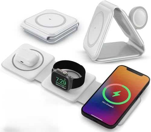 3 in 1 Foldable Wireless Charger, HF Magnetic 3 in 1 Charging Station for Apple Multiple Devices, Travel Wireless Charger, Adapter NOT Included (White-3 in 1)