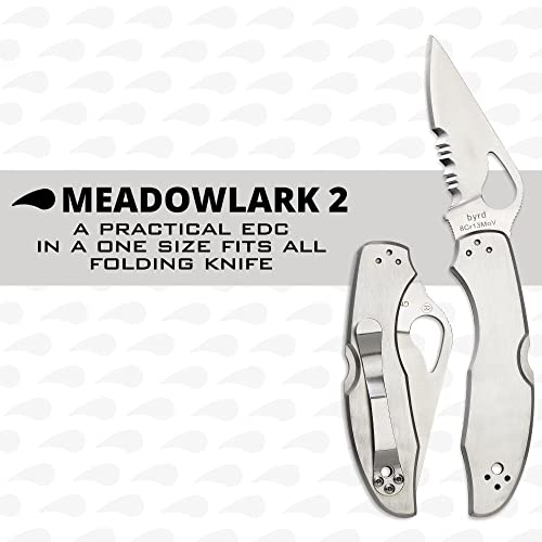 Image of Spyderco Byrd Meadowlark 2 Folding Pocket Knife, CombinationEdge | 6.9 inch Overall Length, 2.97 inch 8Cr13MoV Steel Blade, Stainless Steel Handle, Back Lock, Full-Flat Grind