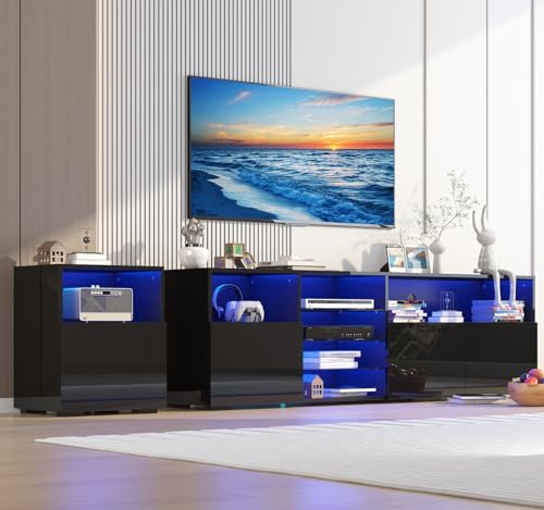 jiteentarou 79IN LED TV Stand for 75/80/85inch TV,High Glossy Modern TV Stand for Living Room,TV Entertainment Center with Adjustable Storage Shelf,RGB LED Lighting,TV Console(Black)