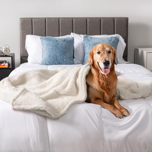 Image of PetAmi Dog Blanket for Large Medium Dogs, Beige Fluffy Soft Sherpa Fleece for Puppy, Kitten, Doggie - Calming Pet Throw for Bed, Washable Sofa Couch Cover, Large 40x60