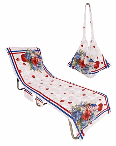 4th of July Beach Lounge Chair Towel Cover, Soft Chaise Lounge Towel with Side Pockets Patio Pool Chairs Cover for Beach/Pool Sunbathing 29x85 Red Blue Floral Striped Independence Day