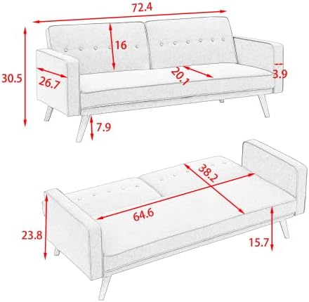 Miniatura 2 de Sofá cama tipo futón convertible, sofá cama plegable de lino moderno con respaldo dividido, respaldo ajustable, reposabrazos, marco de madera y