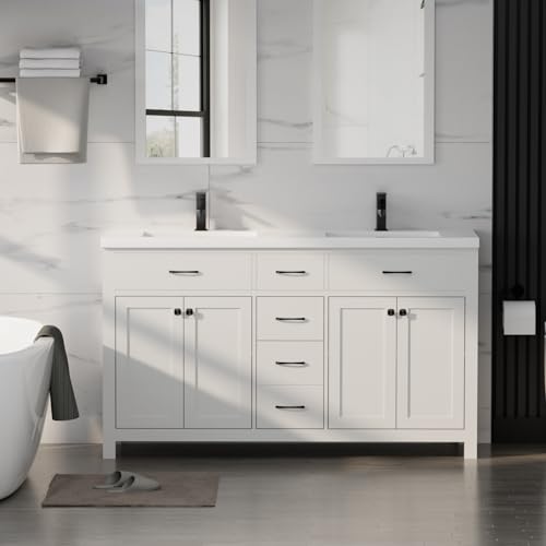 LUCKWIND 60' Bathroom Vanity and Sink Combo, Painted Modern Bathroom Storage Cabinet with Double Large Sink, Four Doors and Three Drawers, Include Faucet, Without Mirror, White