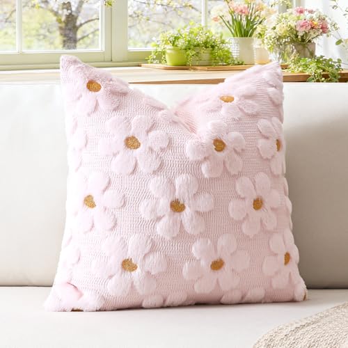Artscope 1er Set Wolle Blumen Kissenbezug Weicher Plüsch Kurzer Wollsamt Dekokissenbezüge Frühjahr Sommer Kissenhülle Saisonale Sofakissen für Sofa Schlafzimmer Rosa, 40x40cm