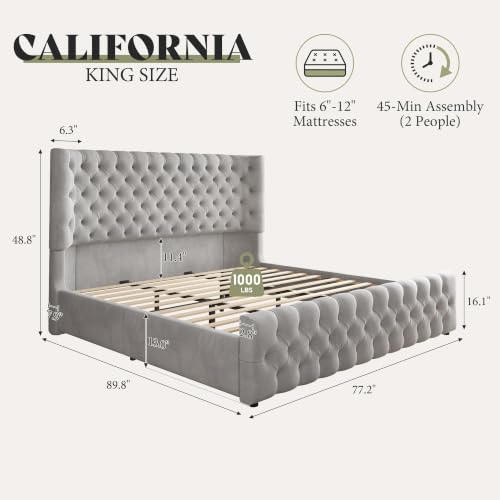 Image of AMERLIFE California King Upholstered Bed Wingback Headboard, Grey Velvet