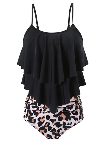 FLYILY Damen Zweiteiler Badeanzug mit High Waist Shorts Tankini Sets mit Doppel-Rüschen(2-BlackLeopard,M)