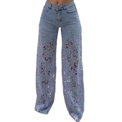 Women's Floral Lace Hollow Out Wide Leg Jeans Baggy High Waist Straight Leg Jeans Casual Vintage Denim Pants