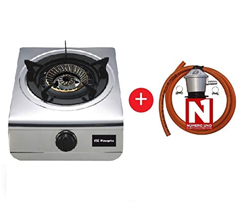 ElectrodomesticosN1 Pack Hornillo a Gas Orbegozo fo 1700 INOX, 1 Fuegos + Regulador de Gas butano HVG, Tubo Manguera 0,8 Metros, Abrazaderas