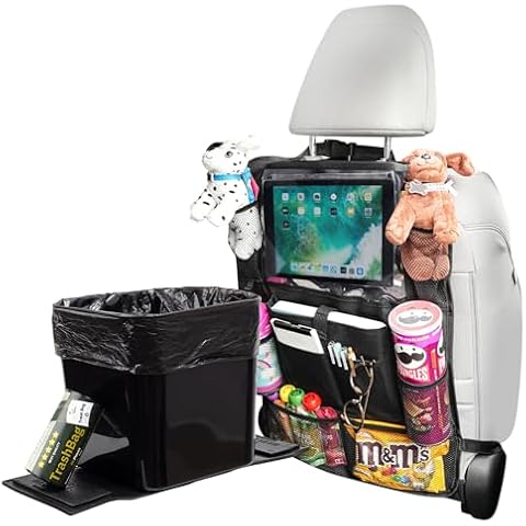 HAUSSIMPLE Black Car Trash Can with Stability Flap & 1-Pack Car Back Seat Organizer Bundle – Compact, Leak-Proof Trash Bin & Multipurpose Car Storage Solution Cover