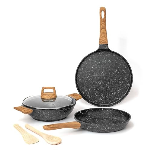 Image of Kreme CeraStone Ultra Granite Nonstick Cookware Set 6 Pieces, Kadai 2.5L, Frying Pan 1.7L, 28cm Flat Tawa, Glass Lid, 2 Cooking Spoons, Made in India, Induction Compatible, PFOA Free, Black