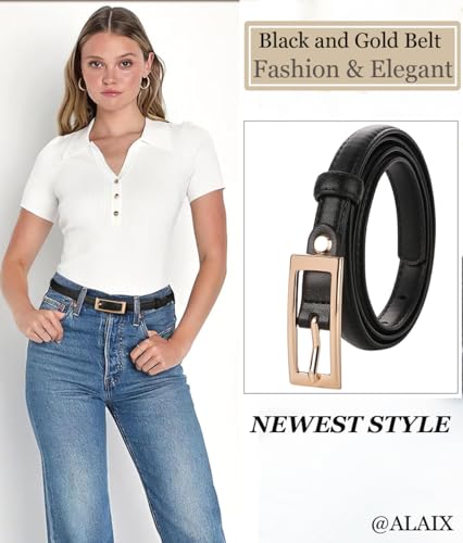ALAIX Women's Skinny Leather Belts with Gold Buckle Thin Waist Belt for Jeans Dress Adjustable Black and Gold Belts for Women2