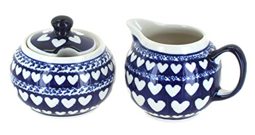 Blue Rose Polish Pottery - Blue Valentina Cream & Sugar Set - 1 Cup Creamer - Hand-Painted Polish Pottery Ceramic Creamer & Sugar Bowl with Lid