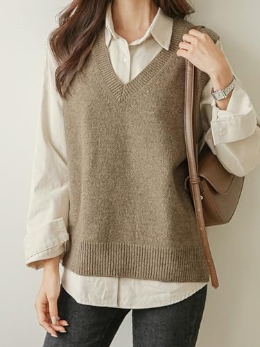 Image of Wowcarbazole Womens V Neck Sweater Vest Casual Ribbed Knitted Sleeveless Trendy Pullover Tank Tops Fall