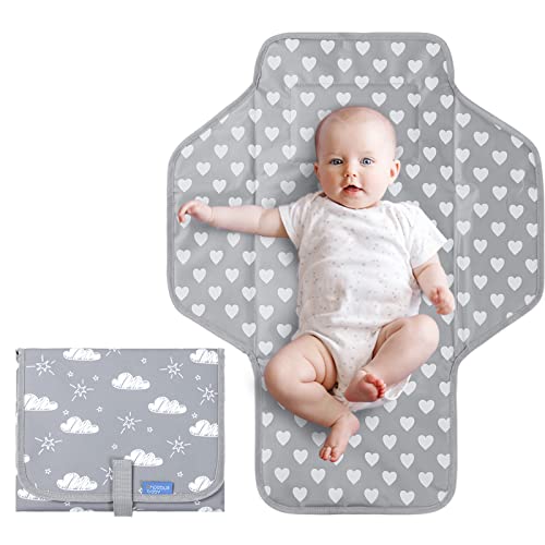Baby Portable Changing Pad Travel - Waterproof Compact Diaper Changing Mat with Built-in Pillow - Lightweight & Foldable Changing Station, Newborn Shower Gifts Gray B