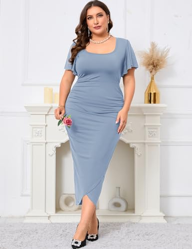 Image of ZOMVA 2024 Plus Size Cocktail Dress Comfortable Bell Sleeves Wedding Guest Square Neck Semi Formal