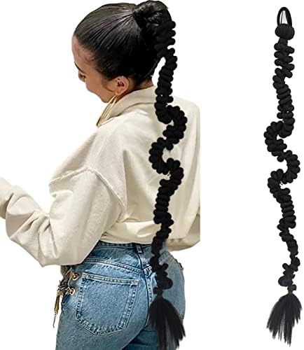 ACKNOUR Heat-Resistant Women's 24-Inch Hand-Braided Black Ponytail with Long Braids and Twisted Braids
