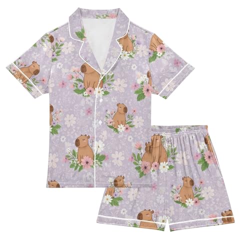 Satin Pajama Sets Short Sleeve Cute Animals Among Flowers Button Down Silky Nightwear 2 Piece PJS 5-14Y
